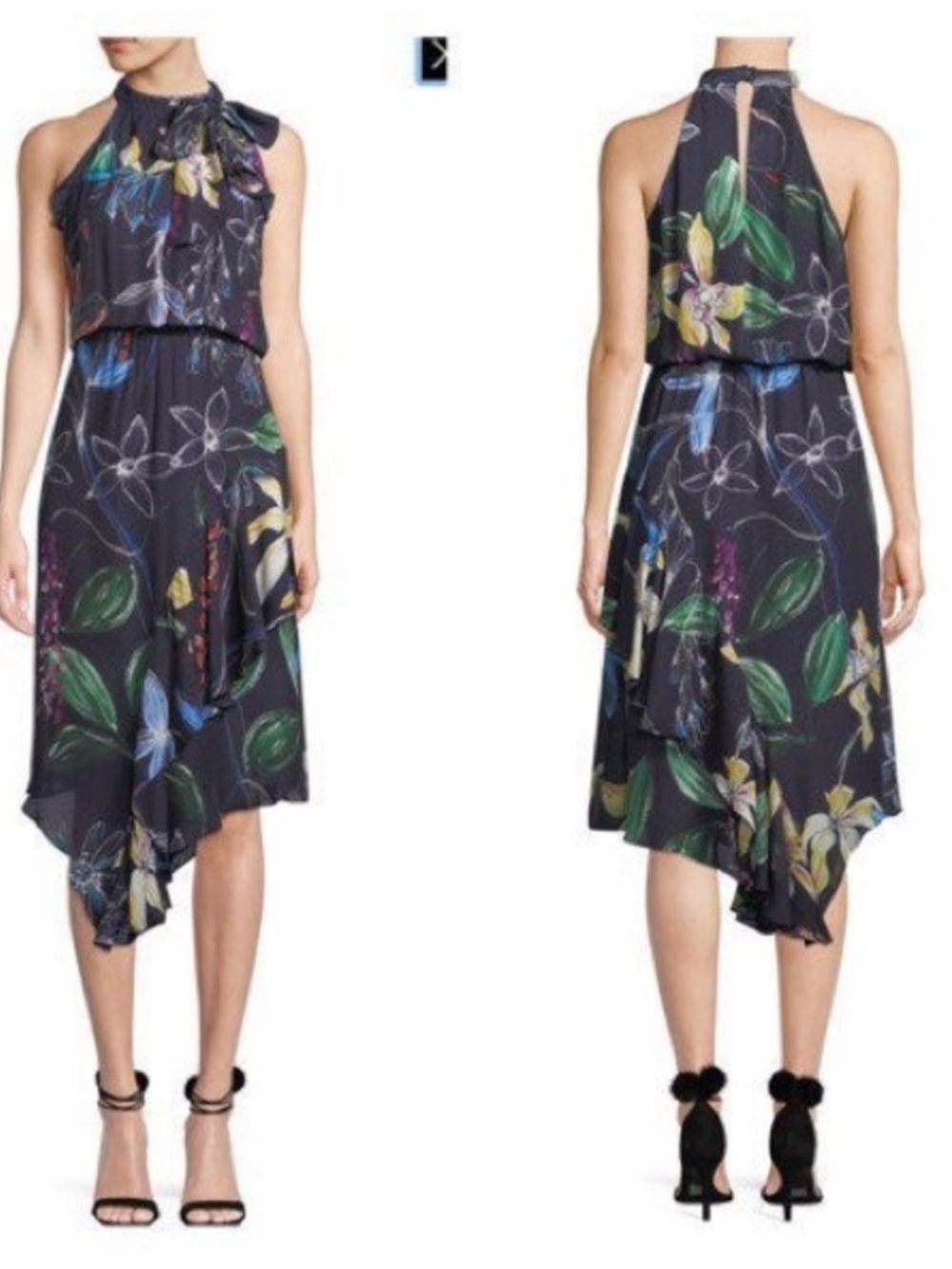 Parker Navy Floral High-Neck High-Low Dress